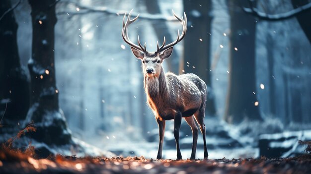 Majestueus hert in de winter bos sneeuwt rustige scène wildernis