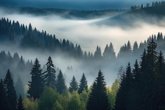 Majestueus sparrenbos met rollende mist en mist aan de horizon