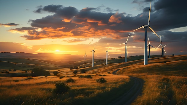 majestueus windpark bij zonsondergang hernieuwbare energieconcept