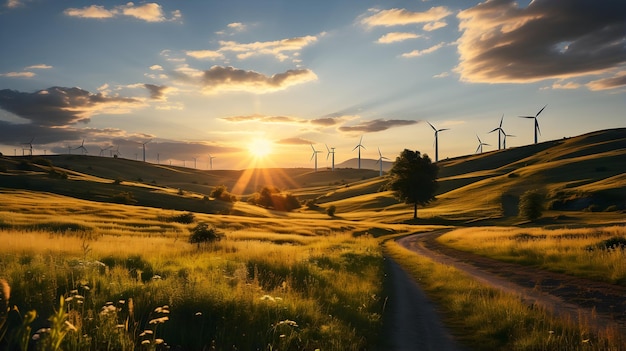 majestueus windpark bij zonsondergang hernieuwbare energieconcept