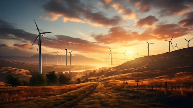 majestueus windpark bij zonsondergang hernieuwbare energieconcept