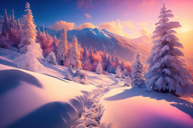 Majestueus winterpanorama Prachtig illustratiebeeld Generatieve AI