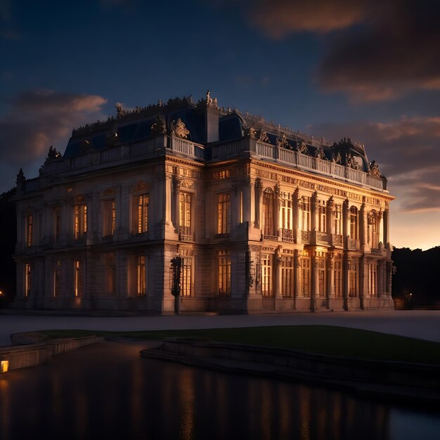 Majestueus zandstenen gebouw verlicht bij zonsondergang donkere sfeer Paleis van Versailles