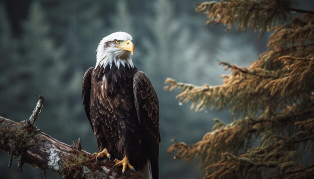 Foto majestueuze amerikaanse zeearend zat op boomtak gegenereerd door ai