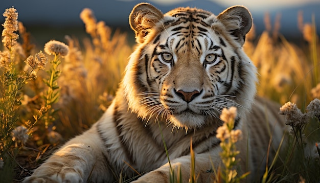 Majestueuze Bengaalse tijger die schoonheid staart in de rustige zonsondergang van de natuur, gegenereerd door kunstmatige intelligentie