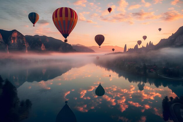 Majestueuze bergen betoverende zonsondergang sierlijke heteluchtballonnen Generatieve AI