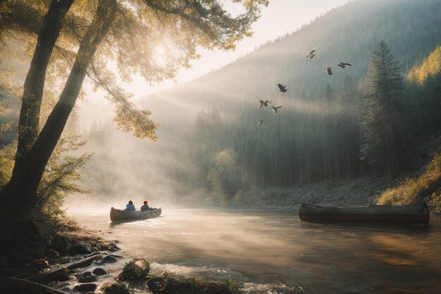 Foto majestueuze bergen en rustige kreek met kano in een mistige ochtend