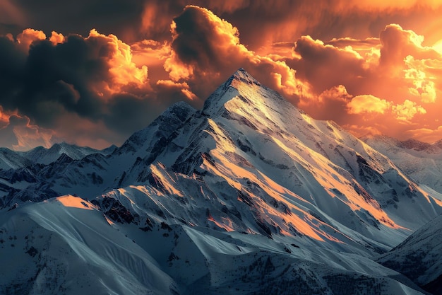 Majestueuze bergen gloeien warm onder de ondergaande zon Generatieve AI