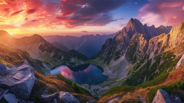 Majestueuze bergketen bij zonsondergang panorama schitterend