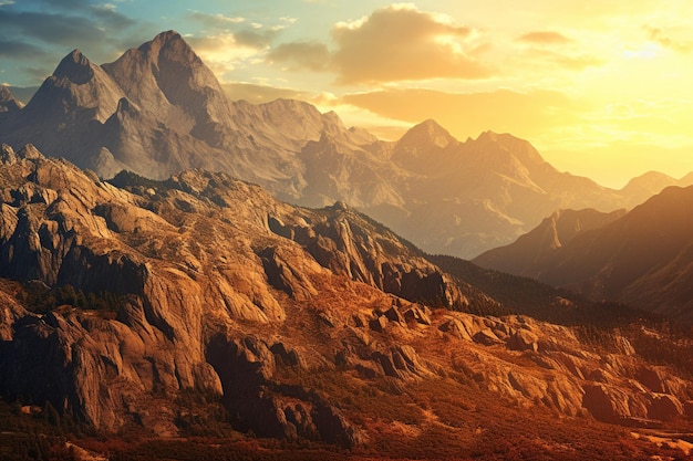 Majestueuze bergketen gebaderd in gouden zonlicht