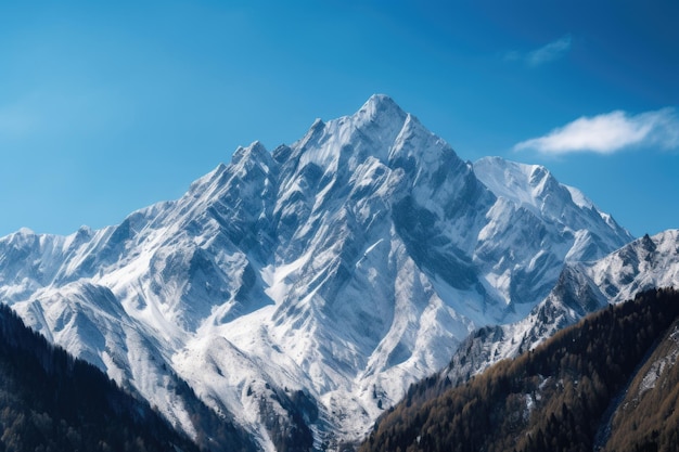 Majestueuze bergketen met besneeuwde toppen en helderblauwe luchten gecreëerd met generatieve AI