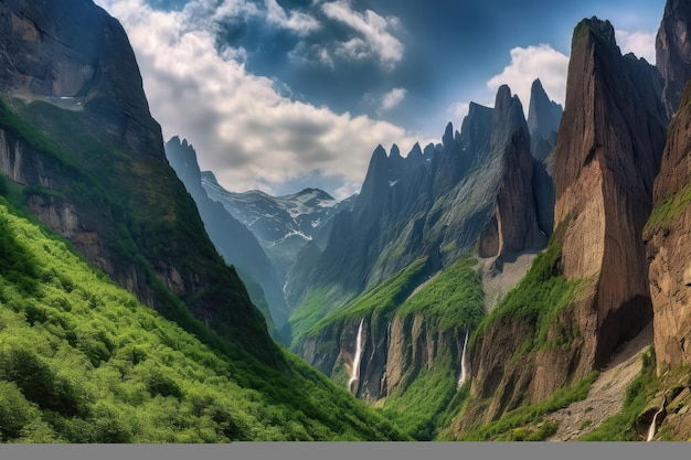 Majestueuze bergketen met torenhoge pieken en watervallen gecreëerd met generatieve AI