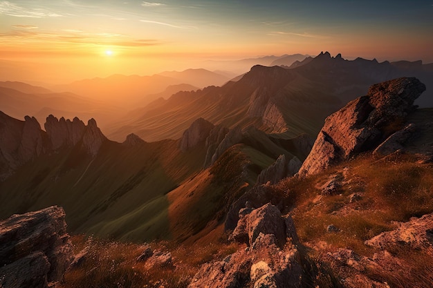 Majestueuze bergketen met uitzicht op de zonsondergang aan de horizon gemaakt met generatieve ai