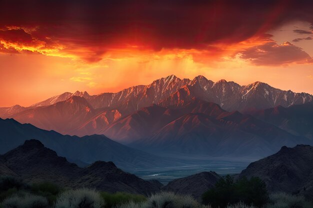 Majestueuze bergketen met vurige zonsondergang en rokerige luchten gemaakt met generatieve AI