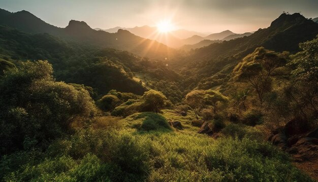 Majestueuze bergketen rustige weide serene zonsondergang gegenereerd door AI