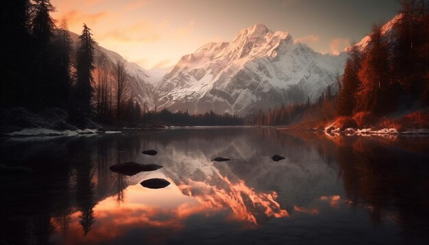 Foto majestueuze bergketen weerspiegelt rustige zonsondergang en creëert panoramische schoonheid gegenereerd door ai