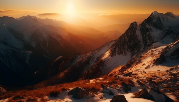 Majestueuze bergtop besneeuwde rustige scène bevroren in de winter gegenereerd door kunstmatige intelligentie