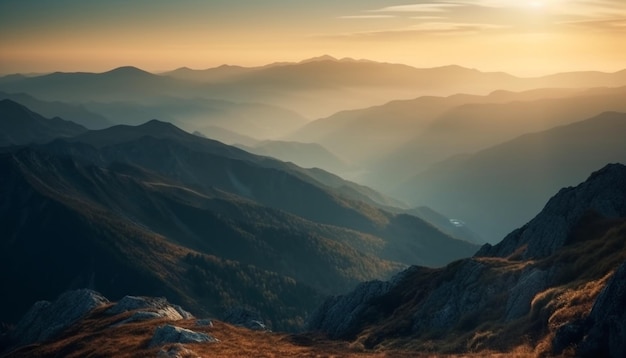 Majestueuze bergtop rustige zonsopgang panoramisch landschap gegenereerd door AI