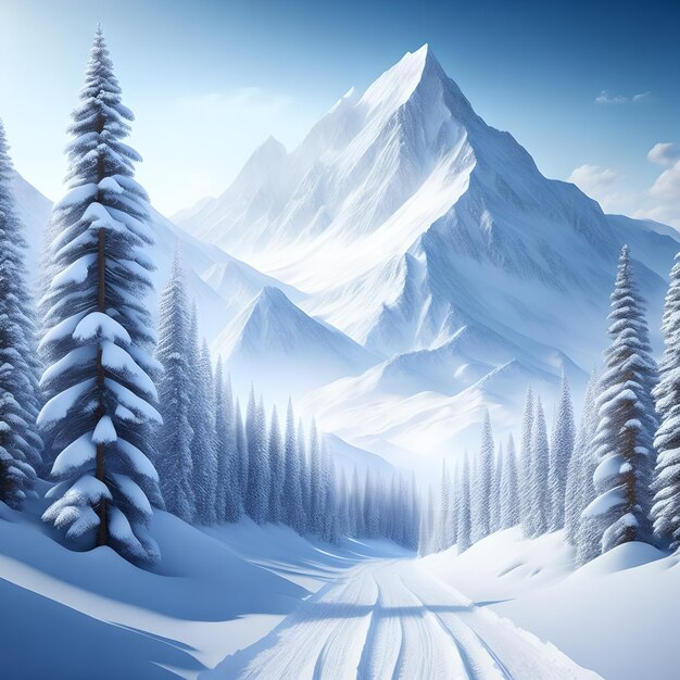 majestueuze besneeuwde bergen witte pijnbomen behang
