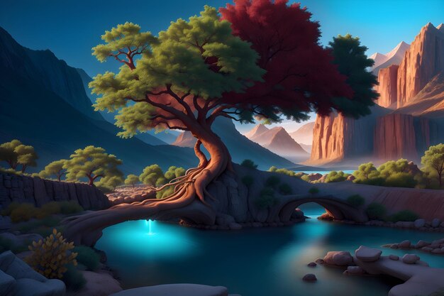 Majestueuze boom die de bron is van ongelooflijke kleurrijke lichtbergen en een rivier die Ai genereert