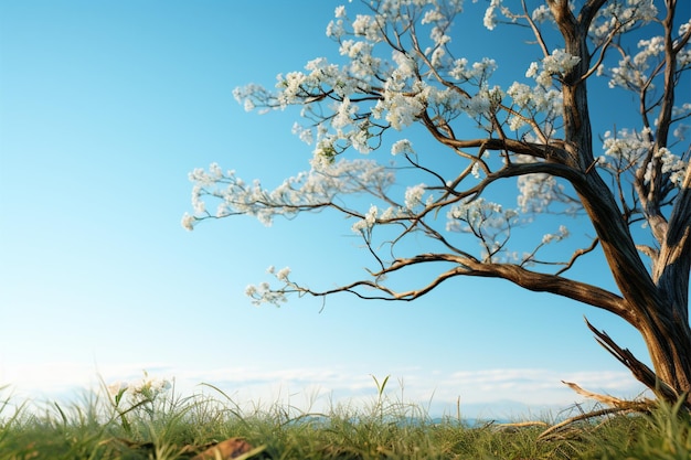 Majestueuze boom ingewikkelde takken witte bloemen en blauwe lucht op een zonnige dag