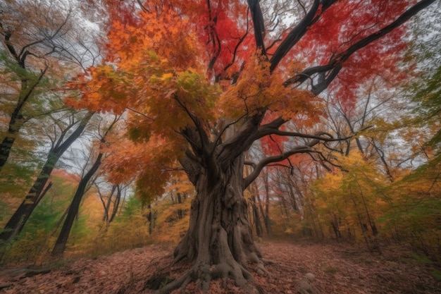 Majestueuze boom met kleurrijke bladeren in herfstbos gemaakt met generatieve ai