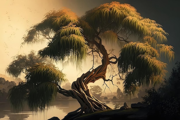 Majestueuze boom met sierlijke en wuivende bamboes op de achtergrond