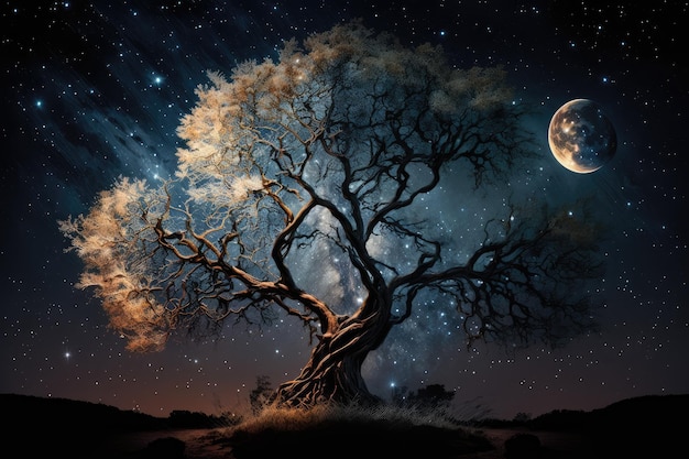 Majestueuze boom met uitzicht op sterrencluster en maan aan de nachtelijke hemel