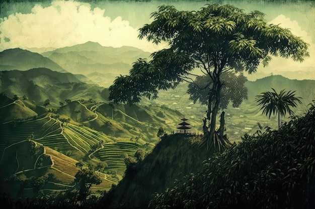 Majestueuze boom omringd door hoge bamboestengels en glooiende heuvels
