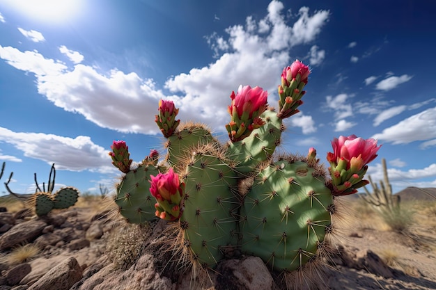 Majestueuze cactussen bloeien in de woestijn met blauwe lucht en wolken op de achtergrond