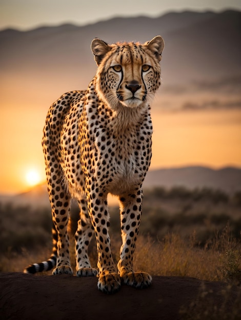 Majestueuze Cheetah die bij zonsondergang in de wildernis staart