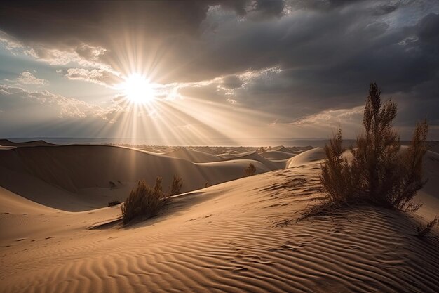 Majestueuze duinen met zonnestralen die door de wolken schijnen