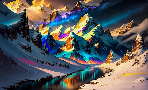 Majestueuze fantasie besneeuwde bergen gloeiende neon kleur thema landschap achtergrond kunst aan de muur AI gegenereerd