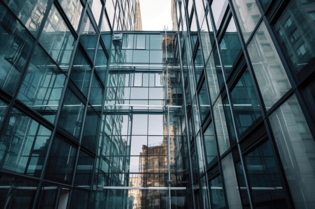 Majestueuze glazen ramen en metalen frames van een hoge kantoorgebouw gemaakt met generatieve AI