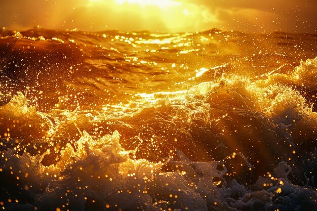Foto majestueuze gouden zonsondergang over turbulente zeegolven natuur drama vertoond in levendige warme tinten