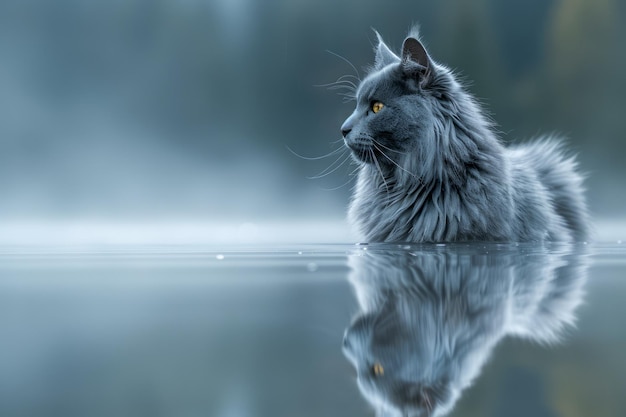 Majestueuze grijze langharige kat met doordringende gele ogen die overweegt haar reflectie op rustig water