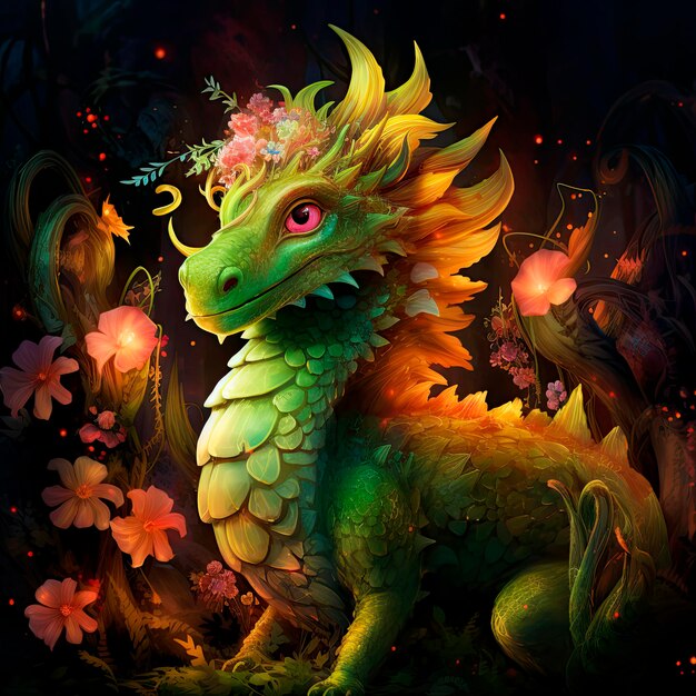 Majestueuze groene draak in een fantastisch arrangement van bloemen gegenereerd ai