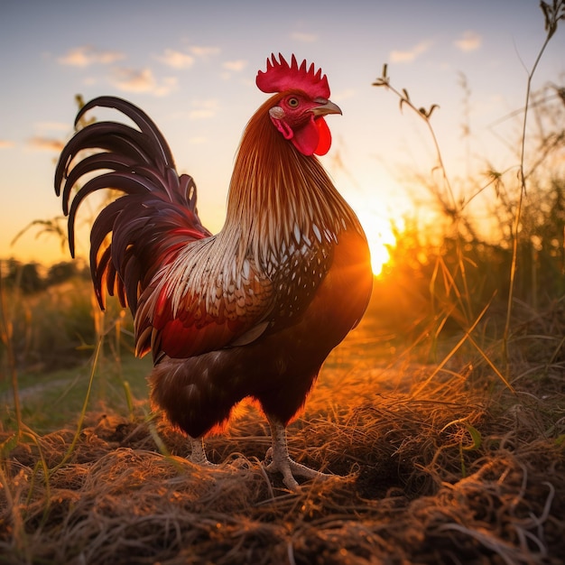 Majestueuze haan bij zonsopgang op een boerderij