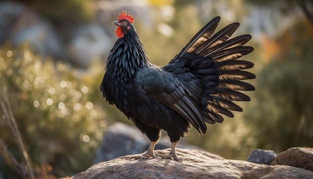 Majestueuze haan die staat in een groen grasveld gegenereerd door AI