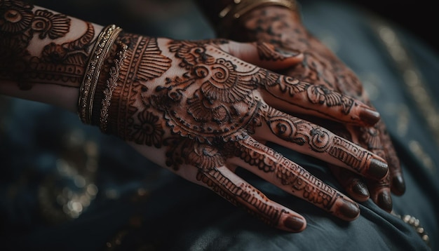 Majestueuze henna-tatoeage op de hand van de jonge bruid, gegenereerd door AI