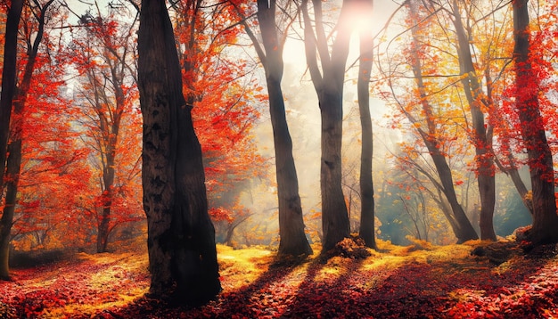 Majestueuze herfstbomen in het bos gloeiend door zonlicht Rode herfstbladeren Dramatische ochtendscène