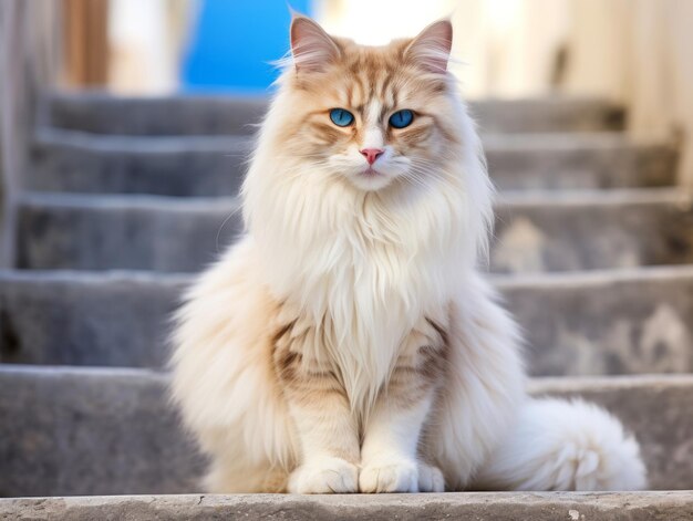 majestueuze kat met opvallende blauwe ogen, vorstelijk zittend op een trap