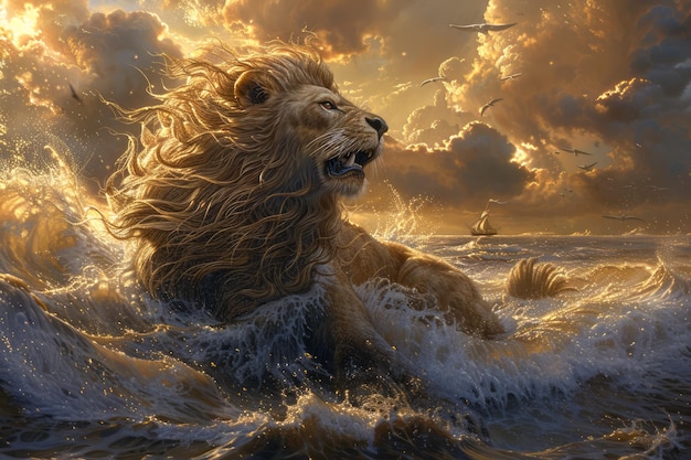 Majestueuze leeuw die bij zonsondergang uit de zeegolven ontstaat met een dramatische lucht en etherisch licht