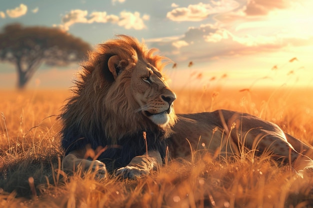 Majestueuze leeuw die zich koestert in de zon van de savanne