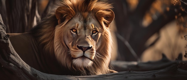 Majestueuze leeuw gevangen in zijn natuurlijke habitat omringd door hoog gras en bomen Generatieve AI