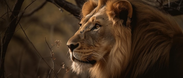 Majestueuze leeuw gevangen in zijn natuurlijke habitat omringd door hoog gras en bomen Generatieve AI