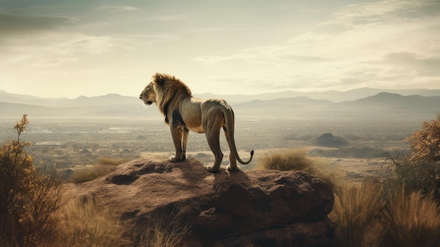Majestueuze leeuw staande op een rots met uitzicht op een uitgestrekte savanne