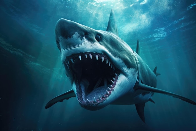 Majestueuze megalodon enorme haai onderwater met open kaken