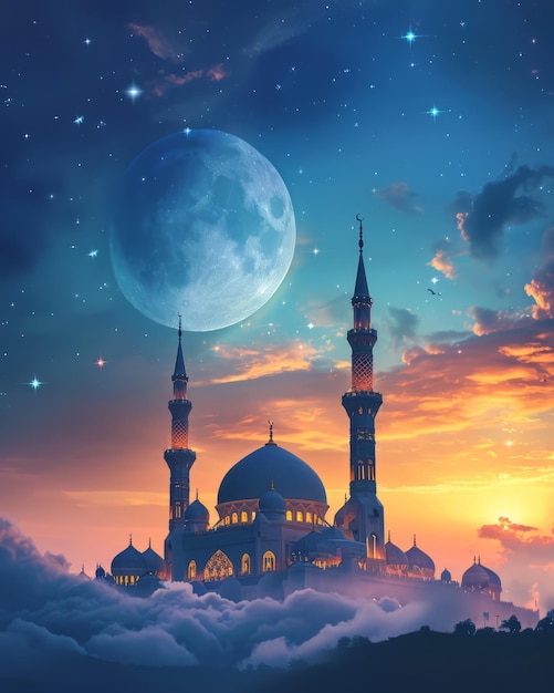 majestueuze moskee boven de wolken met een prachtige schemering hemel op de achtergrond