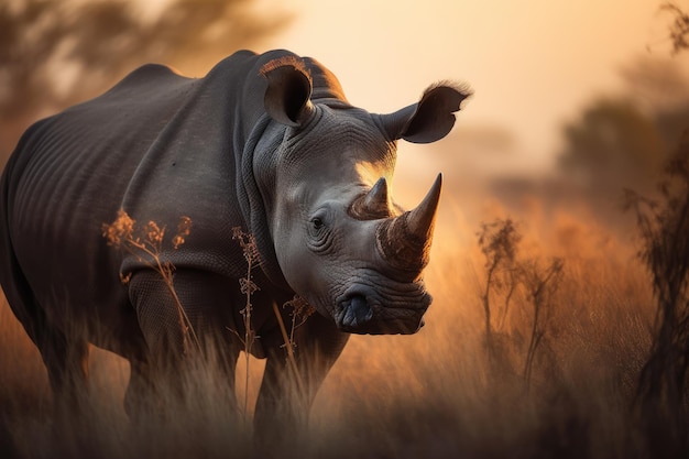 Majestueuze neushoorn op de savanne bij zonsondergang generatieve IA